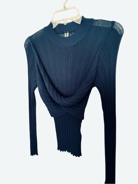 By Anthropologie Sheer Twist-Front Ribbed Sweater - Navy Blue
